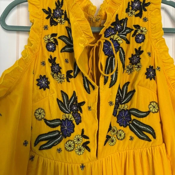 Anthropology Frock & Frill yellow velvet cold-shoulder dress w floral embroidery - Picture 5 of 15